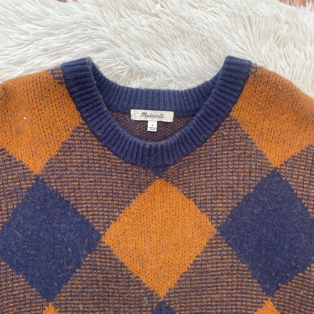 Madewell Mullen Women’s Brown and Navy Checkered Argyle Sweater. Small. - Picture 5 of 7